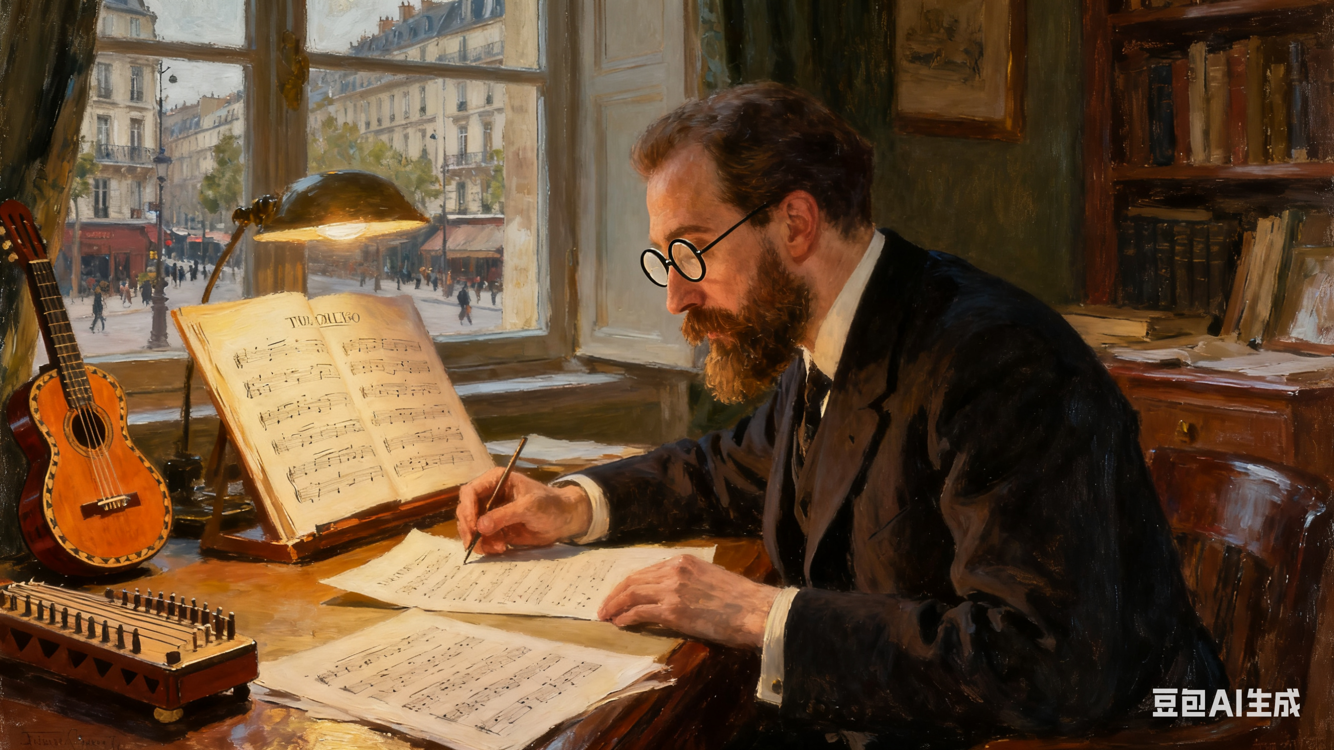 莫里斯·拉威尔工作场景（创作或演奏环境）